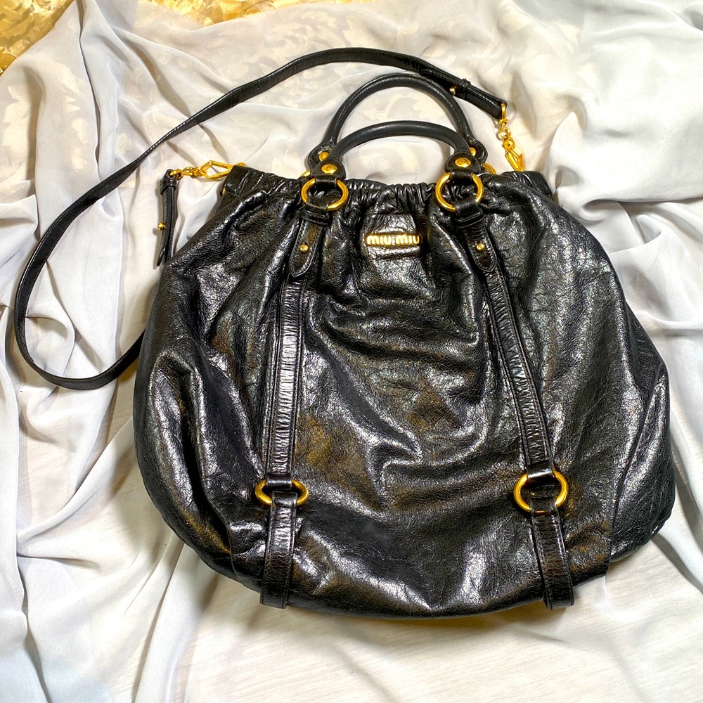 AUTH MIUMIU Vitello Lux Gathered Shopper Shine Bag - Picture 14 of 16
